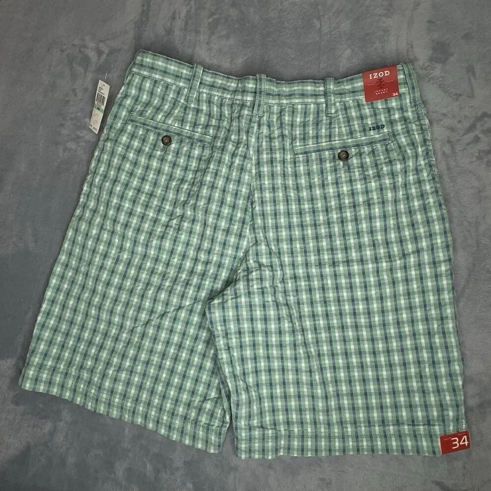 IZOD Men 34 Shorts Green Seersucker Plaid Luxury Sport Chino Golf Flat 9